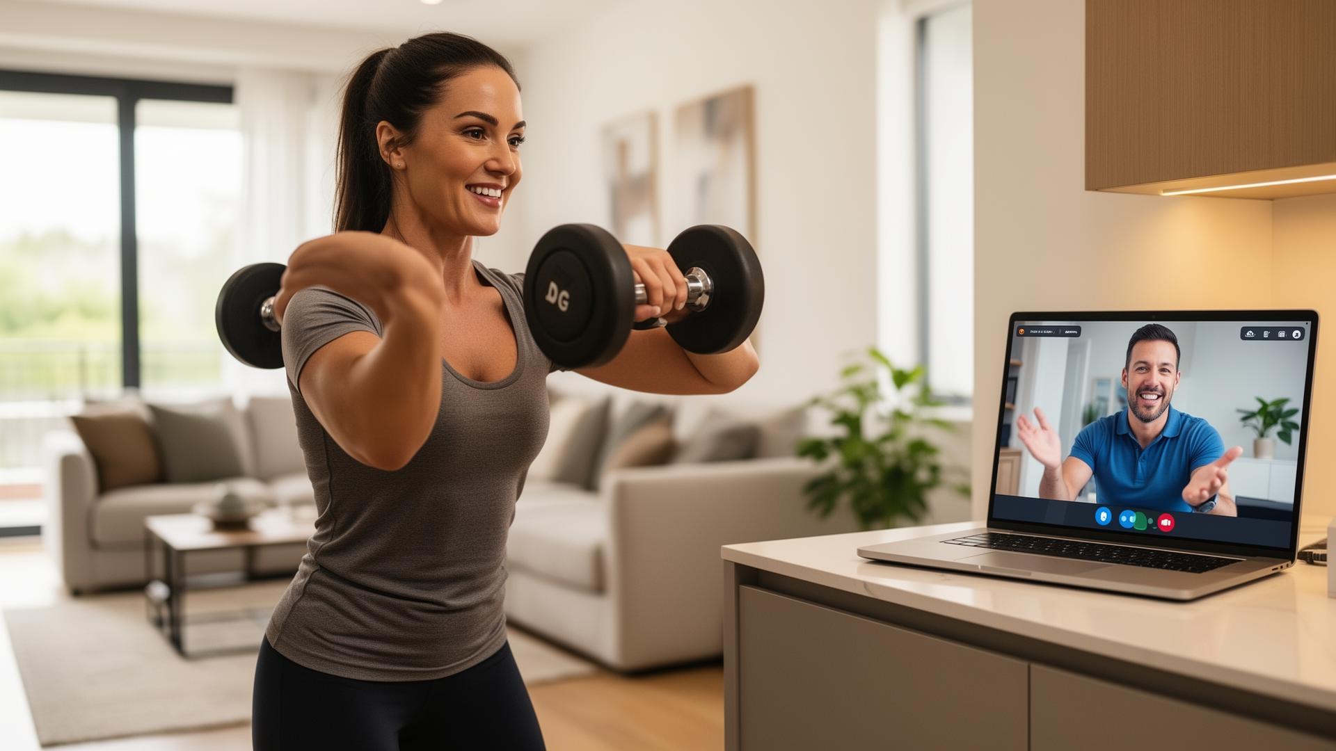 Personal trainer coaching a client over video call — FITology online coaching from Bethesda, MD