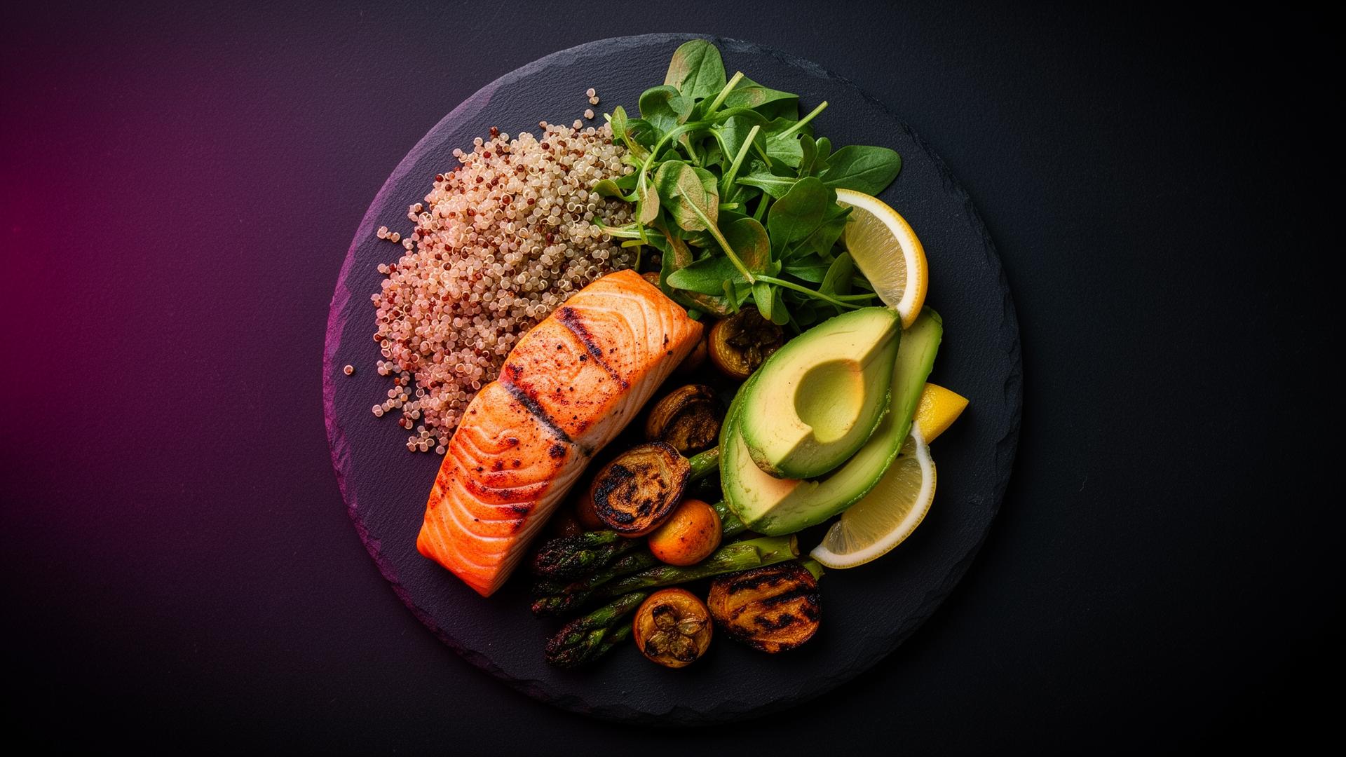 Customized FITology meal — grilled salmon, quinoa, vegetables, avocado